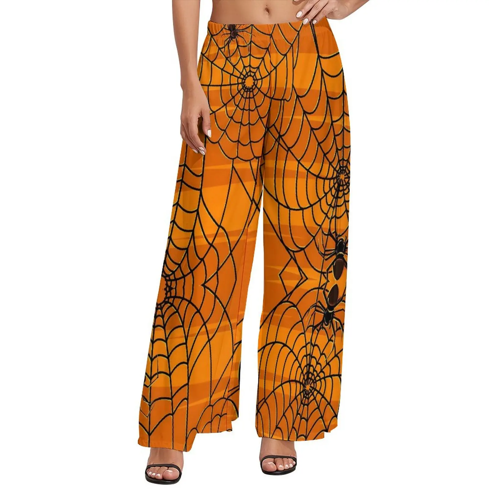 

Fun Halloween Pants Black and Orange Spider Web Sexy Wide Leg Pants Female Oversize Aesthetic Custom Straight Trousers