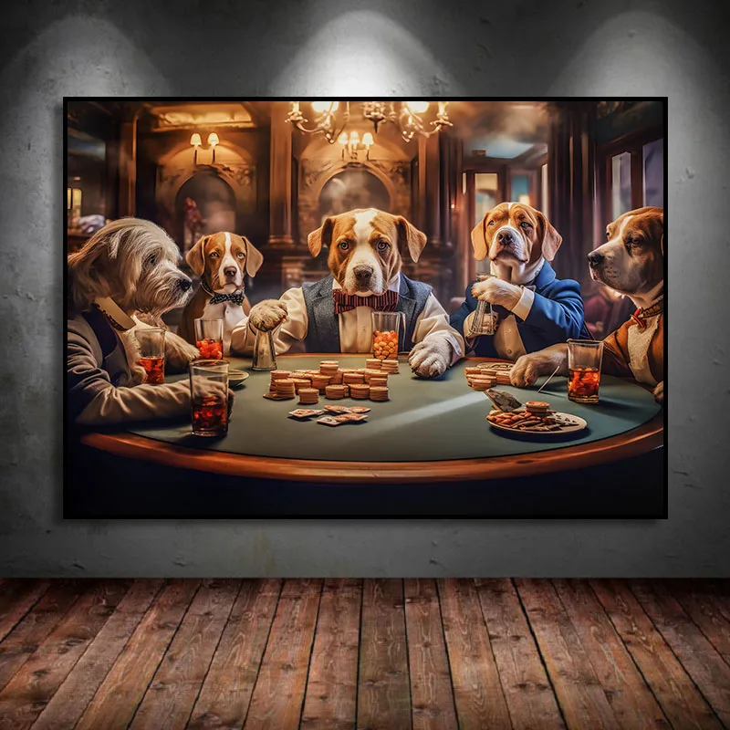 Vintage Funny Animal Dog Cat Dachshund Playing Poker Casino Poker Art Posters Canvas Painting Wall Print Picture Room Home Decor