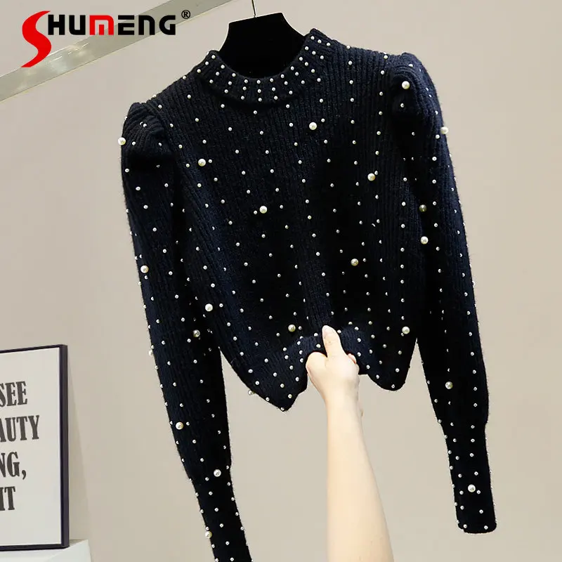 

Beads Pleated Retro Puff Sleeve Stand Collar Cropped Pullover Sweater Women Fall Fashion Stylish Graceful Crew Neck Knitted Top