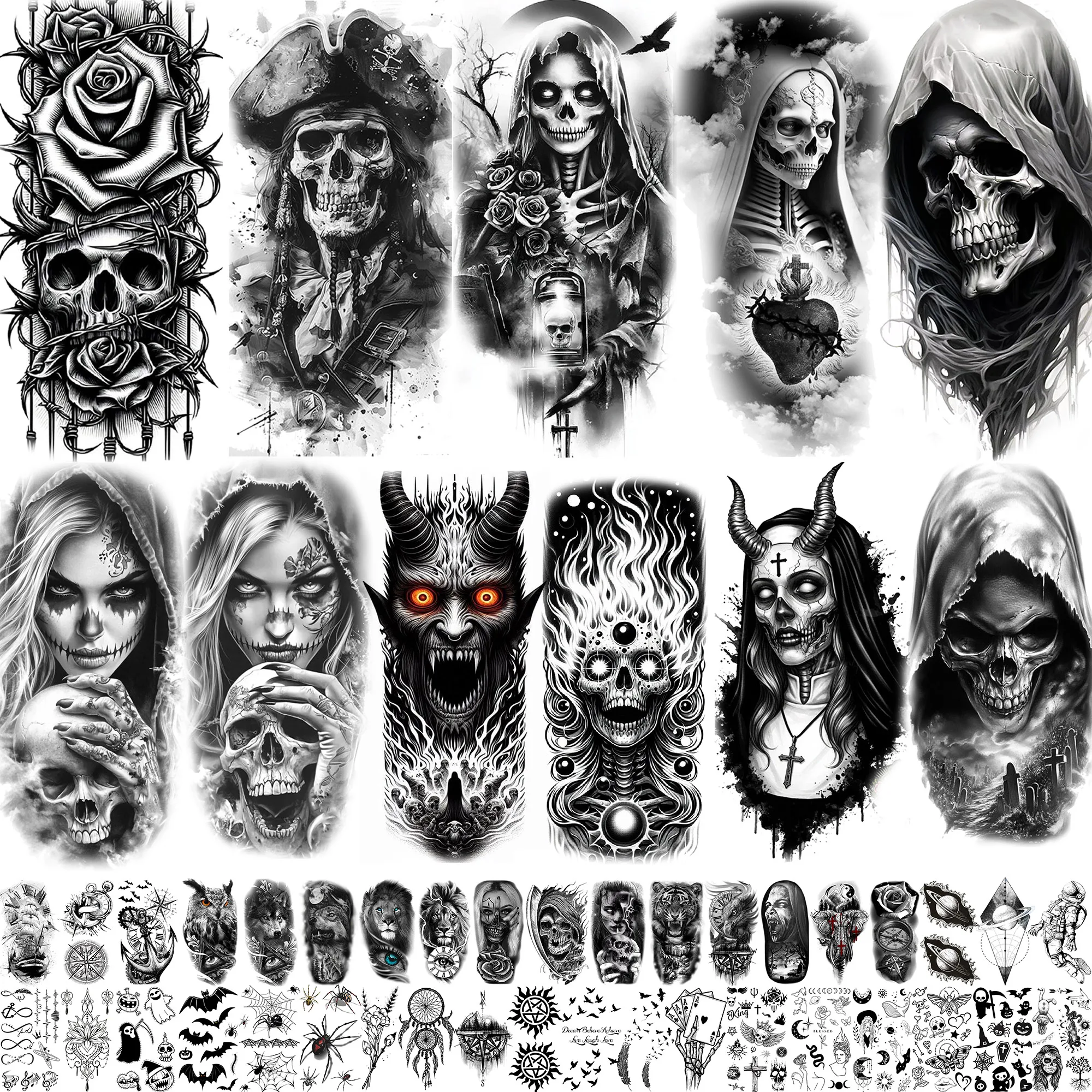 

69 Sheets Scary Pirate Skull Skeleton Temporary Tattoos Halloween Demon Witch Tatoos Realistic Fake Tattoo Sticker Waterproof