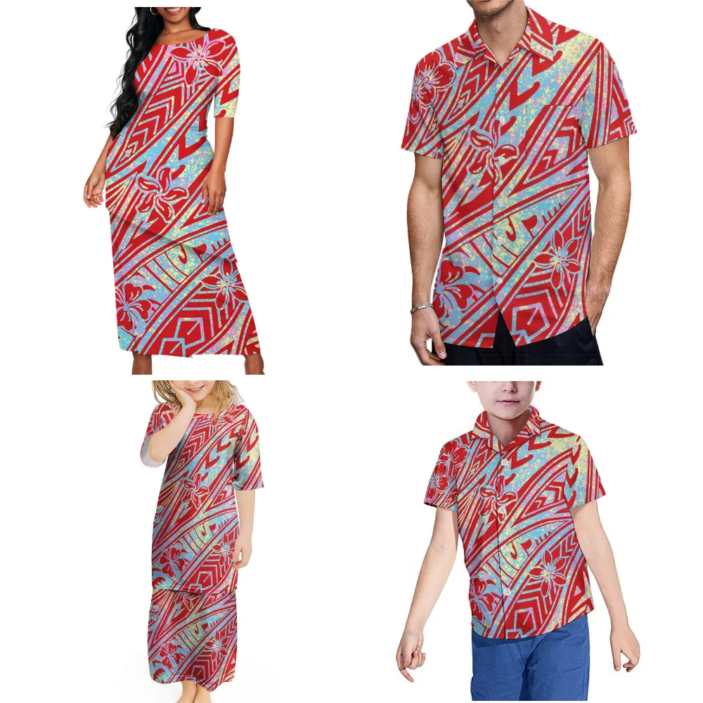 Polynesian Family Party Dress Summer Short Sleeved Puletasi Suit Skirt Shirt Mother Father Son Daughter Party Uniform Clothes