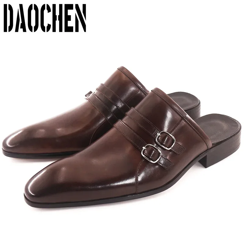 Luxury Brand Men's Mules Half Shoes Black Brown Double Strap Buckle Causal Mens Dress Shoes Breathable Leather Shoes Men