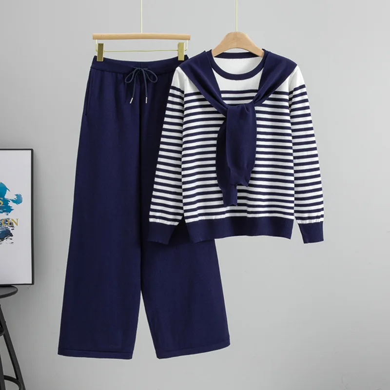 Conjunto de calças femininas conjuntos de duas peças em torno do pescoço conjuntos de correspondência de malha topos perna larga calças compridas rendas até cintura elástica y2k streetwear