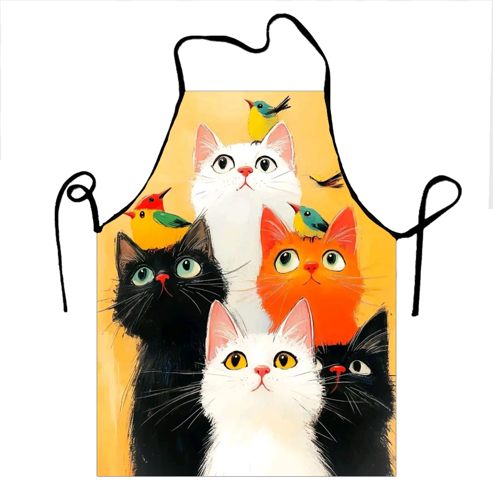 1pc Cute Cat Stack Print Apron, 100% Polyester Fabric, Simple Cross-Back Kitchen Apron, Thick Sleeveless