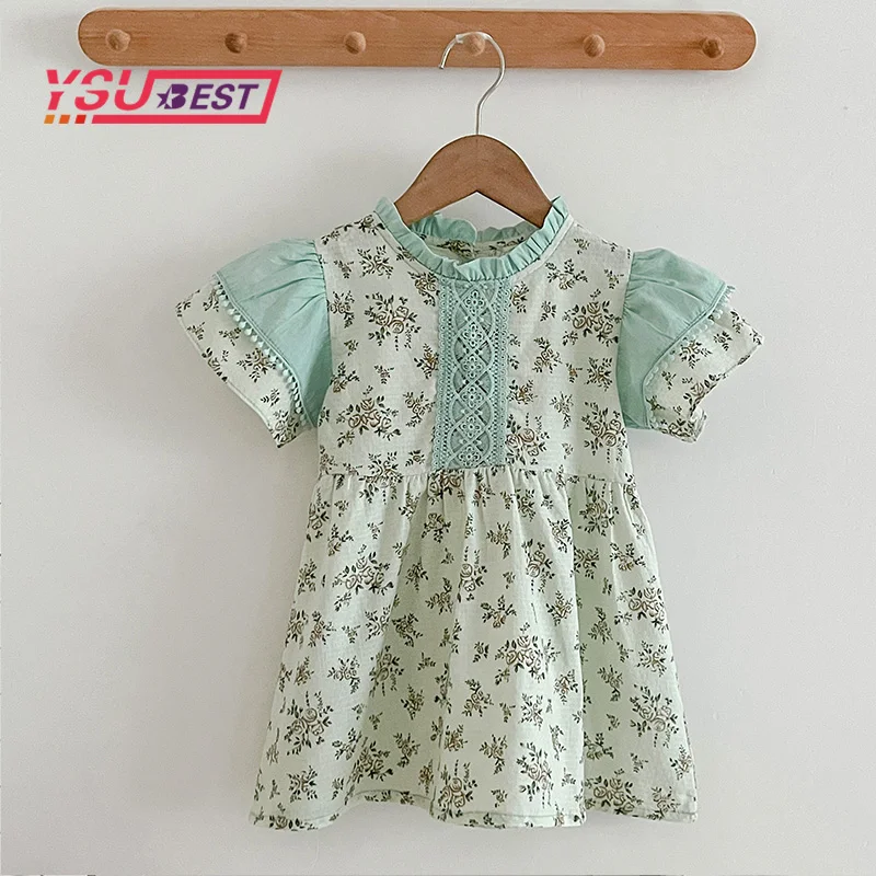 Manga puff infantil vestido de princesa, roupas de verão para meninas, menina criança, flores azuis, renda, moda infantil