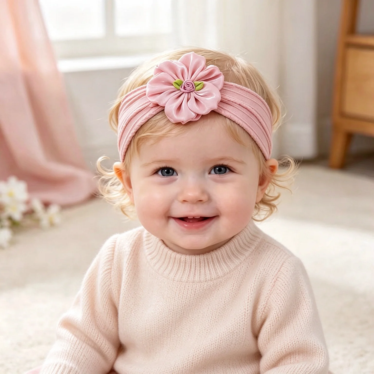 Cute Baby Girl Flower Headband Soft Elastic Cable Knit Baby Turban Shiny Satin Floral Girl Hairband Infant Hair Accessories