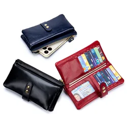 Genuine Leather Long Clutch Wallet Bag Oil Wax Cowhide Card Holder Small Coin Purse Key Lipstick Phone Pouch Case For Women