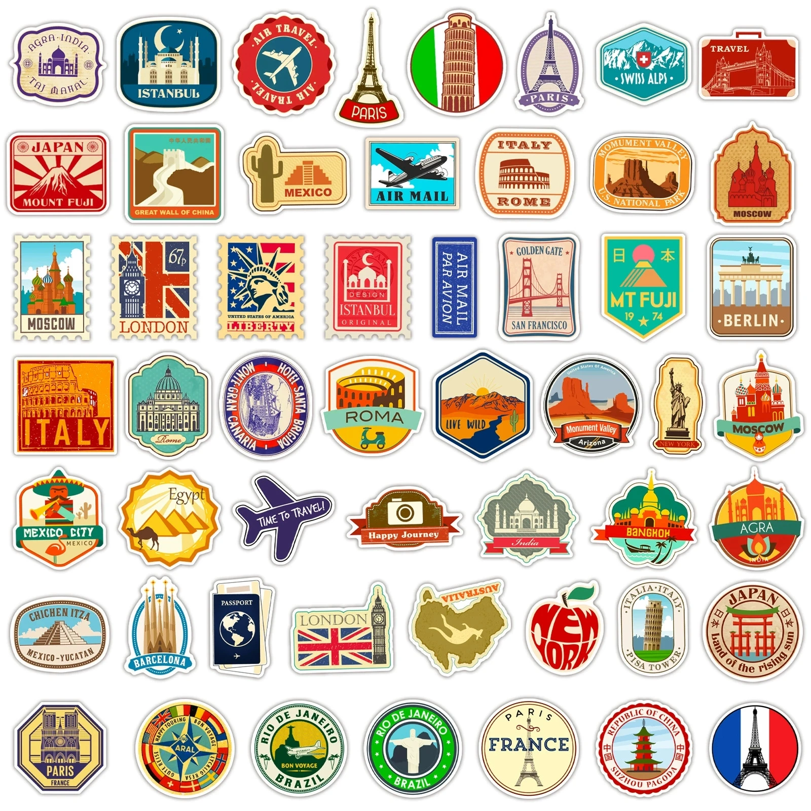 100PCS World Travel Doodle Stickers, Waterproof Vinyl Decals for Scrapbook, Laptop, Guitar, Car, Phone Case, DIY Gift Ideas