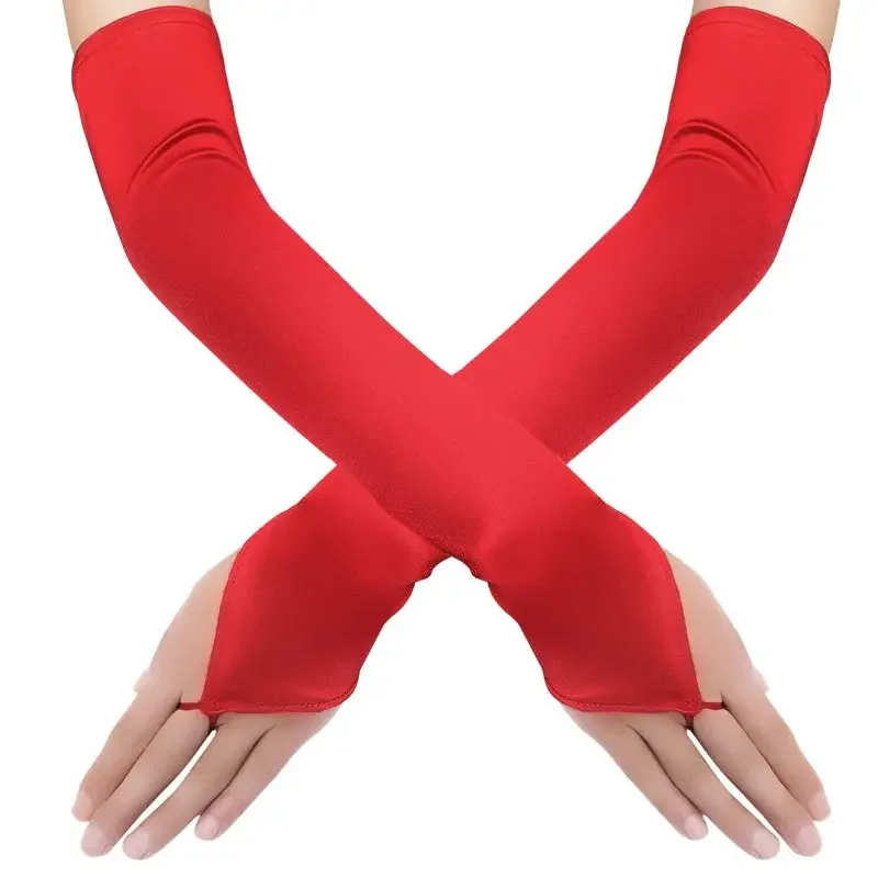 Guantes largos de satén sin dedos para mujer, gancho de dedo, sólido, estilo Retro, accesorios de vestido de noche de ópera, etiqueta de alta