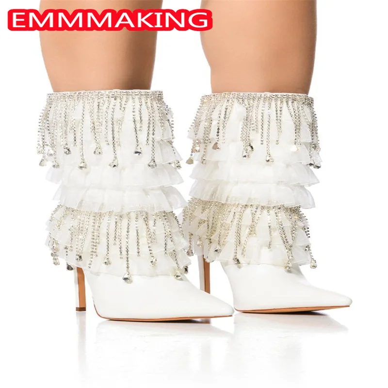 

Женские роскошные кружевные сапоги до середины икры с цветами и кристаллами, 2024, белые женские свадебные туфли на тонком каблуке с острым носком, зимняя вечеринка