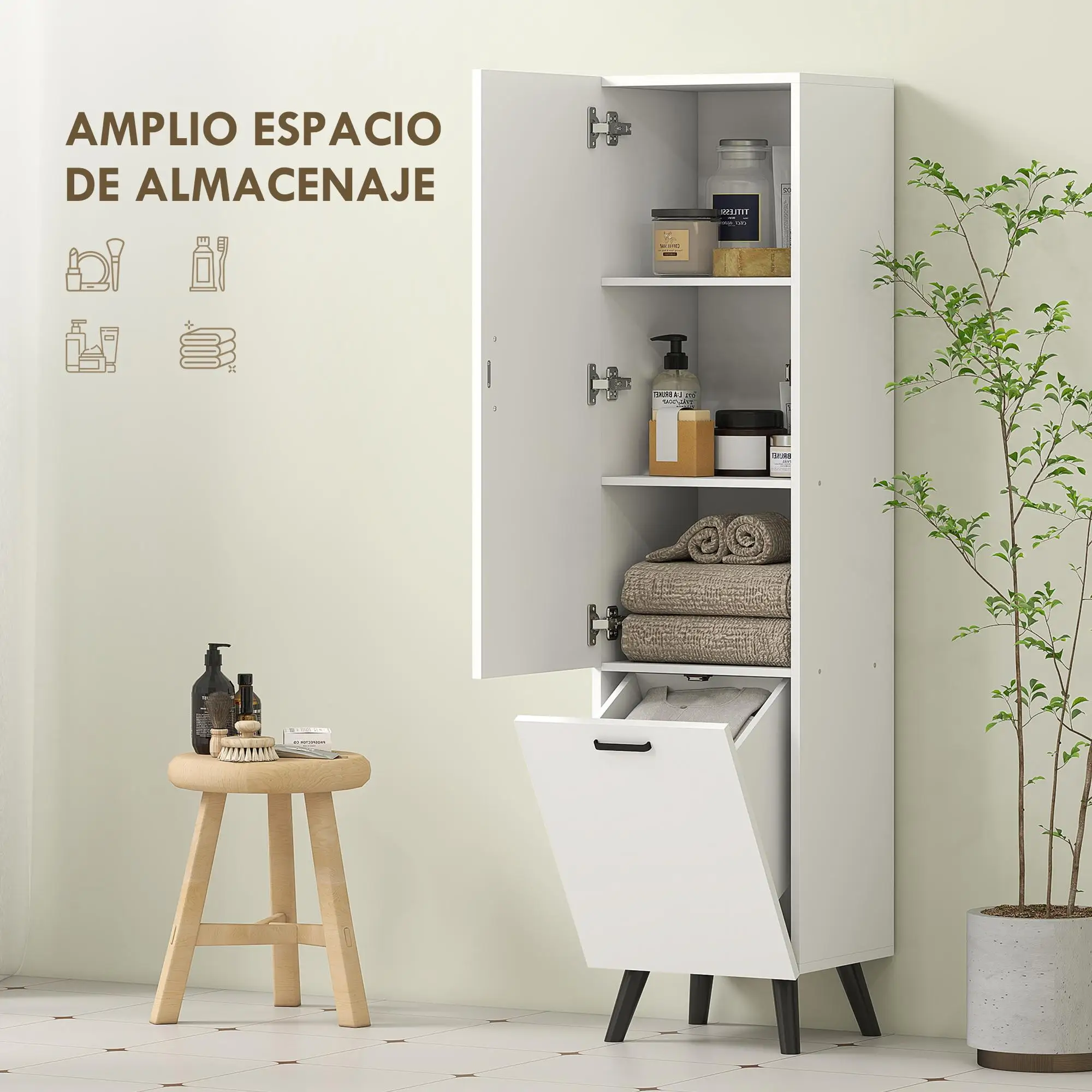 Armoire haute pour salle de bain 35x31,5x144 cm avec 3 tiroirs et panier pliant Blanc Antivoll-Stable