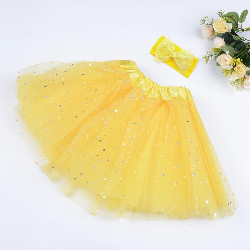 2~6 Years New Solid Tulle Tutu Skirt with Nylon Bowknot Headwrap Set Shining Star Accessories for Baby Girls