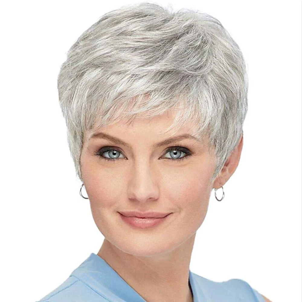 HAIRJOY Short Grey Wigs for White Women Mixed Gray Silver Curly  Wigs with Bangs Grandma Synthetic Short Hair Wigs