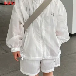 Korean Boy Girl White Clothing Set 2026 kid Summer Fashion Sunscreen Lightweight Long Sleeved Zippered Jacket + Shorts 2pcs Suit