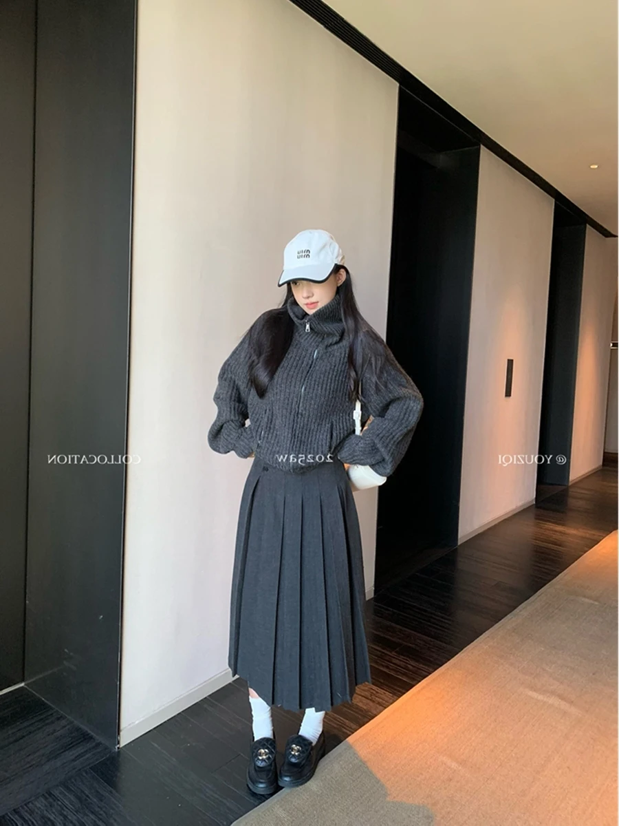 Deep Grey Suit Style A-Line Midi Skirt Women's Autumn Winter Polyester Fiber High Waist Casual High Quality Half Body Skirt