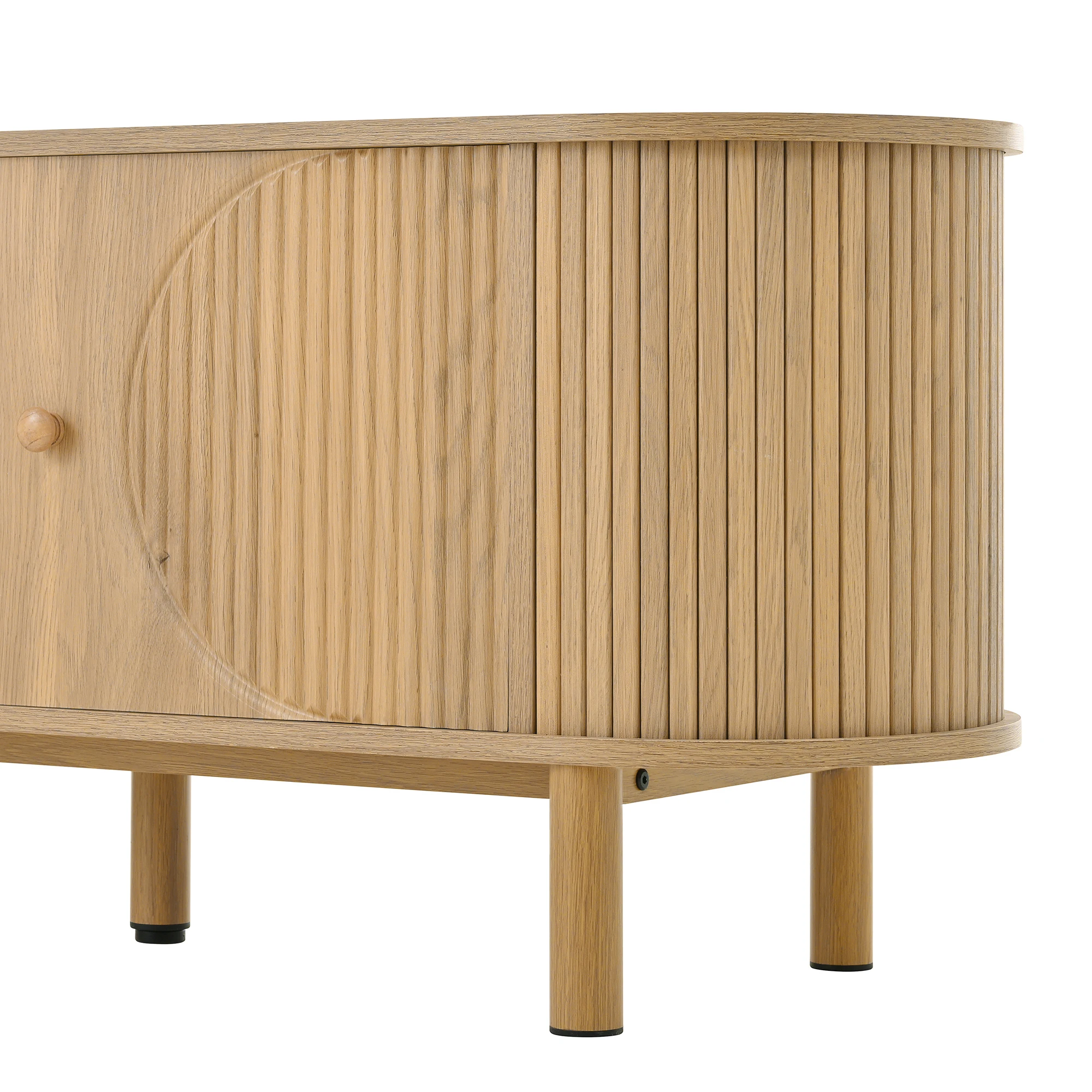 PINGGO Moderner TV-Schrank mit Rattanschublade, offenen Regalen, runder Tischplatte, Metallbeinen, Holzoptik, 175x36x41 cm – Detail 15