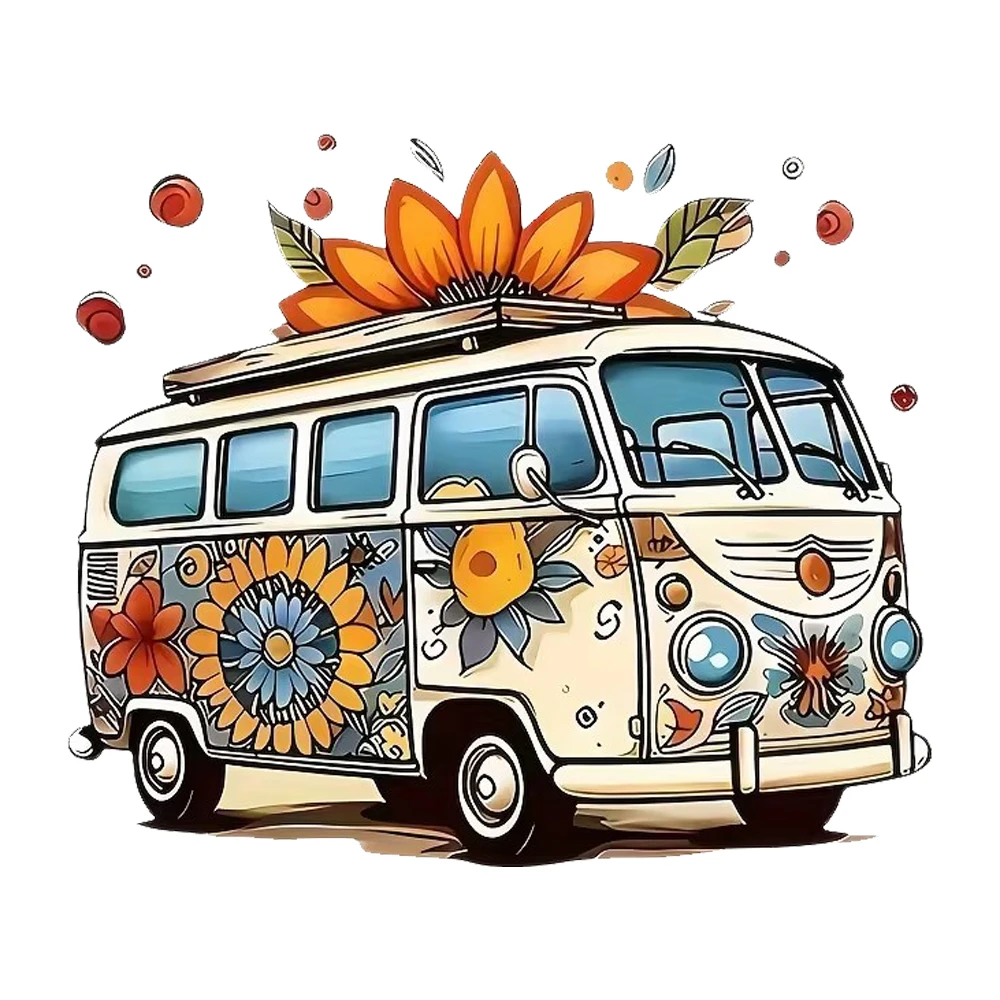 Cartoon Bus Hippie Flower Power Decals, Waterproof Vinyl Stickers for Car, Laptop,Trucks, Wall and Glass Surface