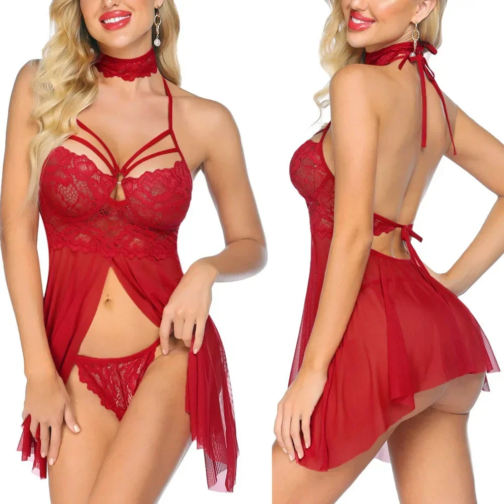 

Экзотический костюм, женское сексуальное нижнее белье, с лямкой на шее, с открытой спиной, прозрачная передняя открытая сексуальная пижама, сорочка Lencería Mujer