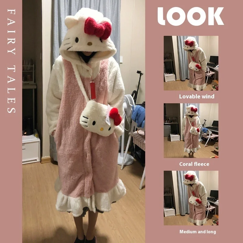 Miniso Hello Kitty Plush Fur Pajamas Robe Suit Anime Cartoon Homewear Winter Thickened Keep Warm Halloween Christmas Girl Gift