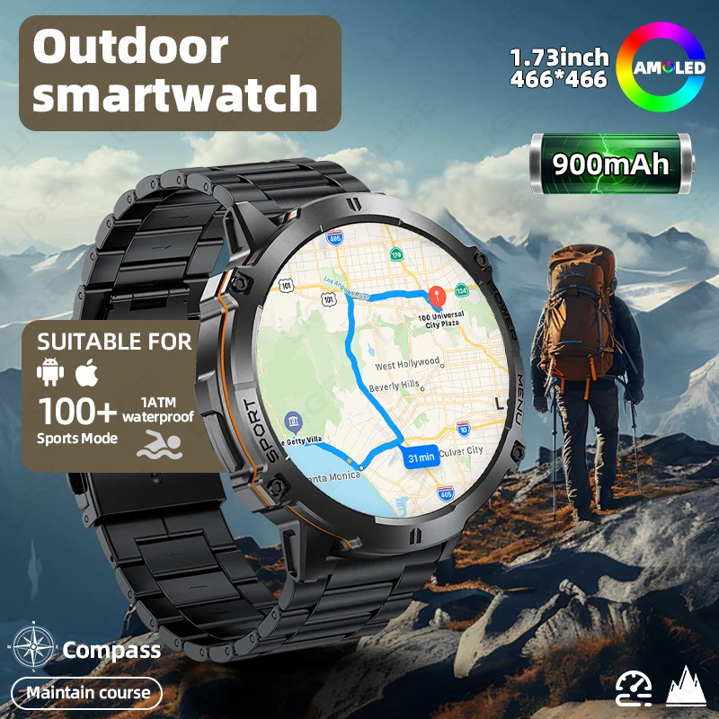 

LIGE AMOLED Smart Watch 900mAh Large Capacity Battery Compass Barometric Altimeter Military Sport Smartwatch Men For Android iOS