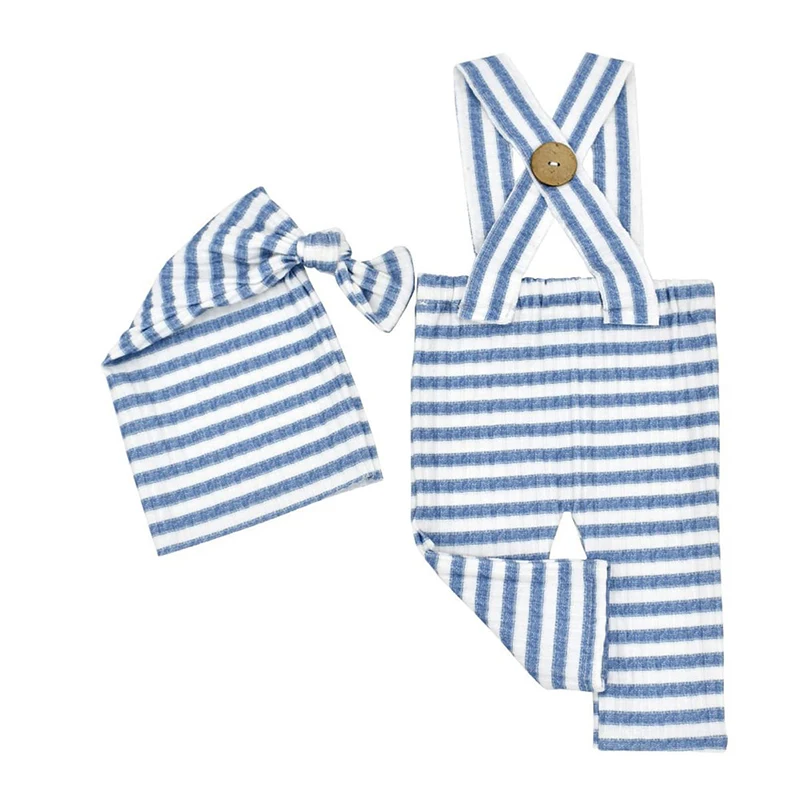 Ylsteed Newborn Photography Props Baby Boy Romper Long Tail Hat Suits Set with Suspenders Newborn Boy Stripe Clothes