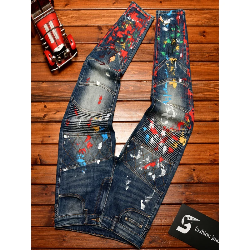 

Мотоциклетные джинсы с принтом краски, новые мужские осенние и зимние маленькие трендовые эластичные мужские брюки в стиле ретро