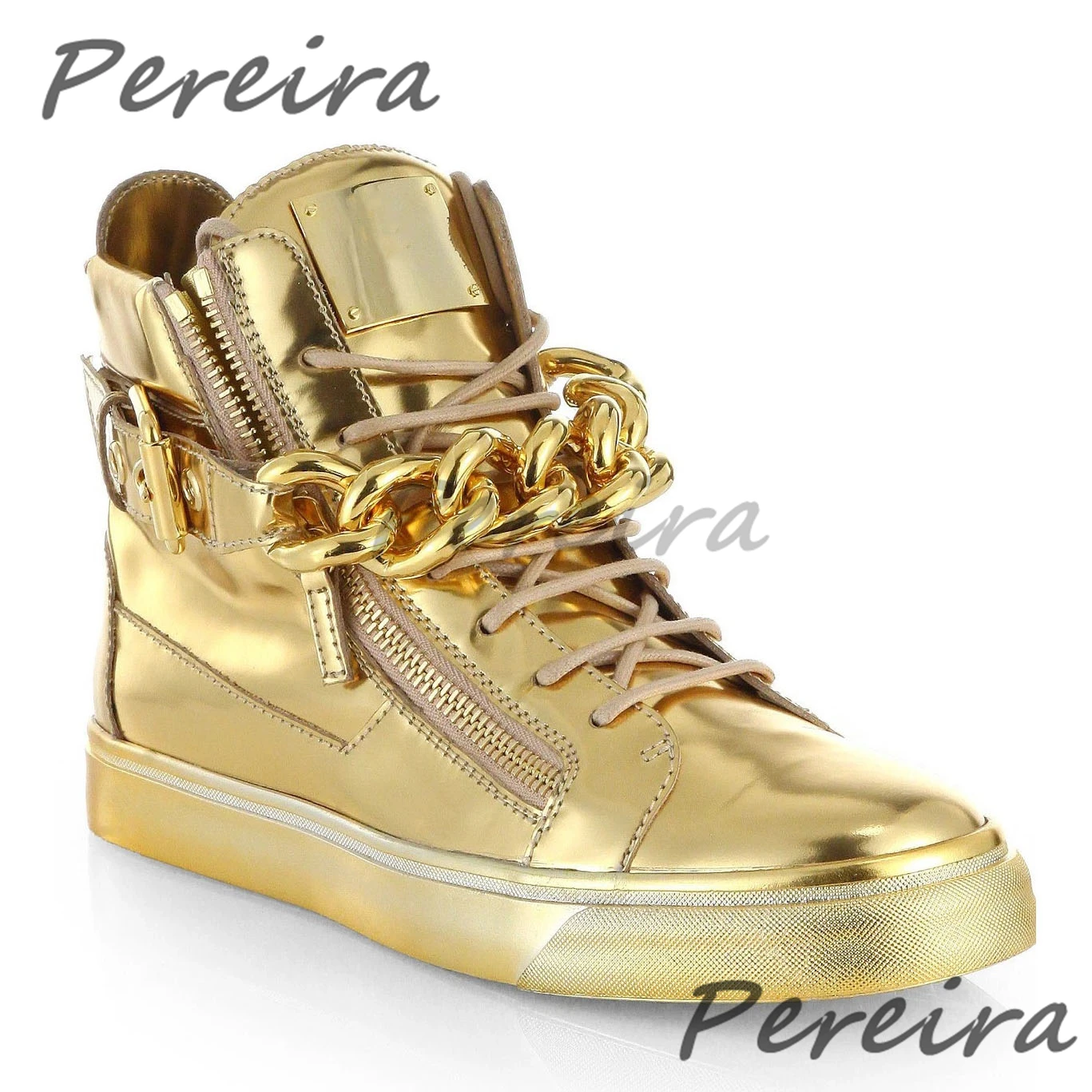 

Gold Silver Patent Leather High-Top Sneakers Trendy Couple Casual Shoes Metal Buckle Chain Lace Up Sports Shoes for Men Women