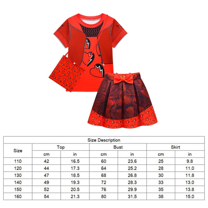 Descendentes de Halloween 4 Traje para Adolescente, A Ascensão do Coração Vermelho da Criança, Camiseta Top, Saia Arco e Saco, 3 Pcs Outfit