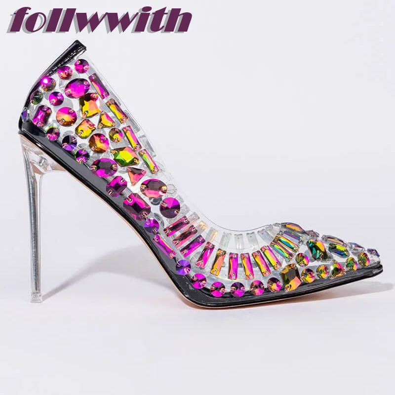 

Crystal Decoration Rosy Stiletto Heel Pointed Toe Punps Laser Super High Fashion Modern 2024 Hot Sale New Arrival Shoes