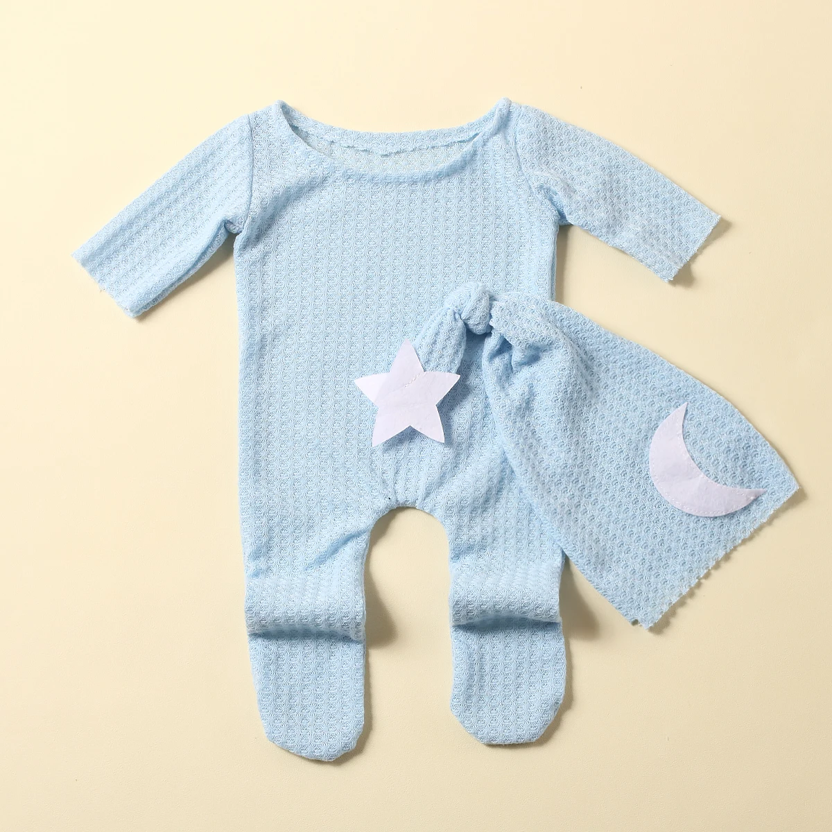 Ylsteed Newborn Footed Romper for Photoshoot Moon Star Patch Photography Outfit Baby Boy Picture Props Long Sleeve Jumpsuit