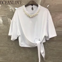 OCEANLOVE Beading Pearls T Shirt for Women Solid Bandage Korean Fashion Summer Camisetas Loose Casual O Neck Ropa De Mujer