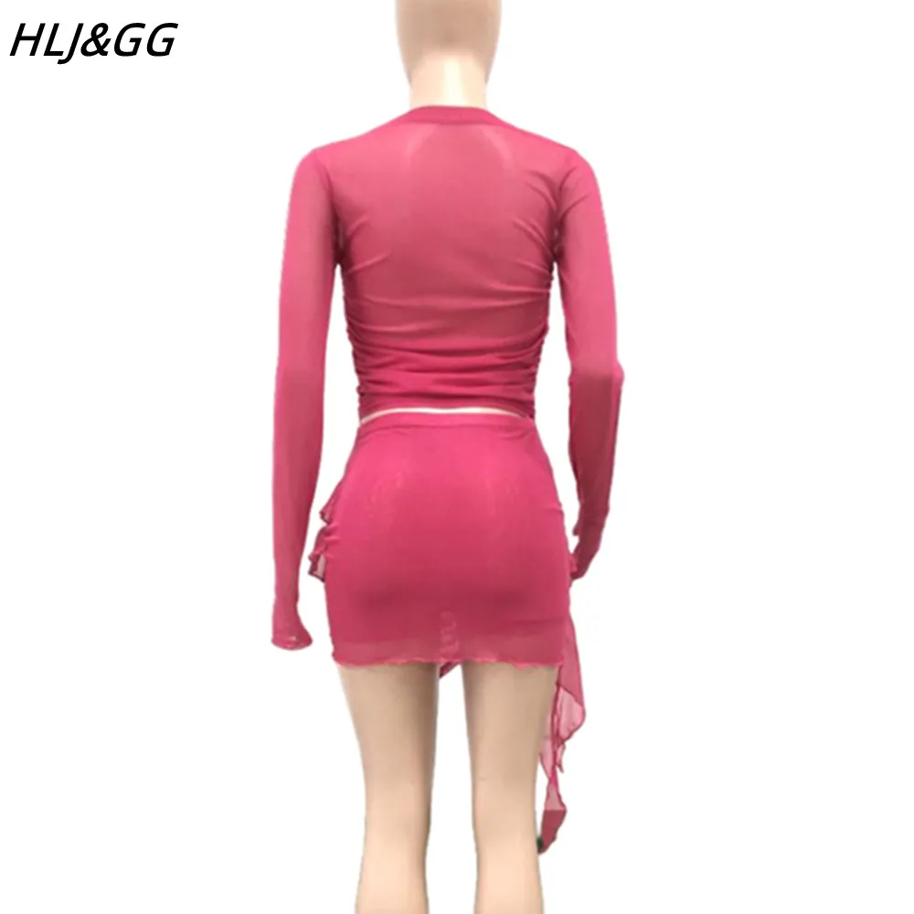 HLJ&GG Summer New Mesh Perspective Irregular Two Piece Sets Women Round Neck Long Sleeve Top And Ruffle Mini Skirts Outfits 2024