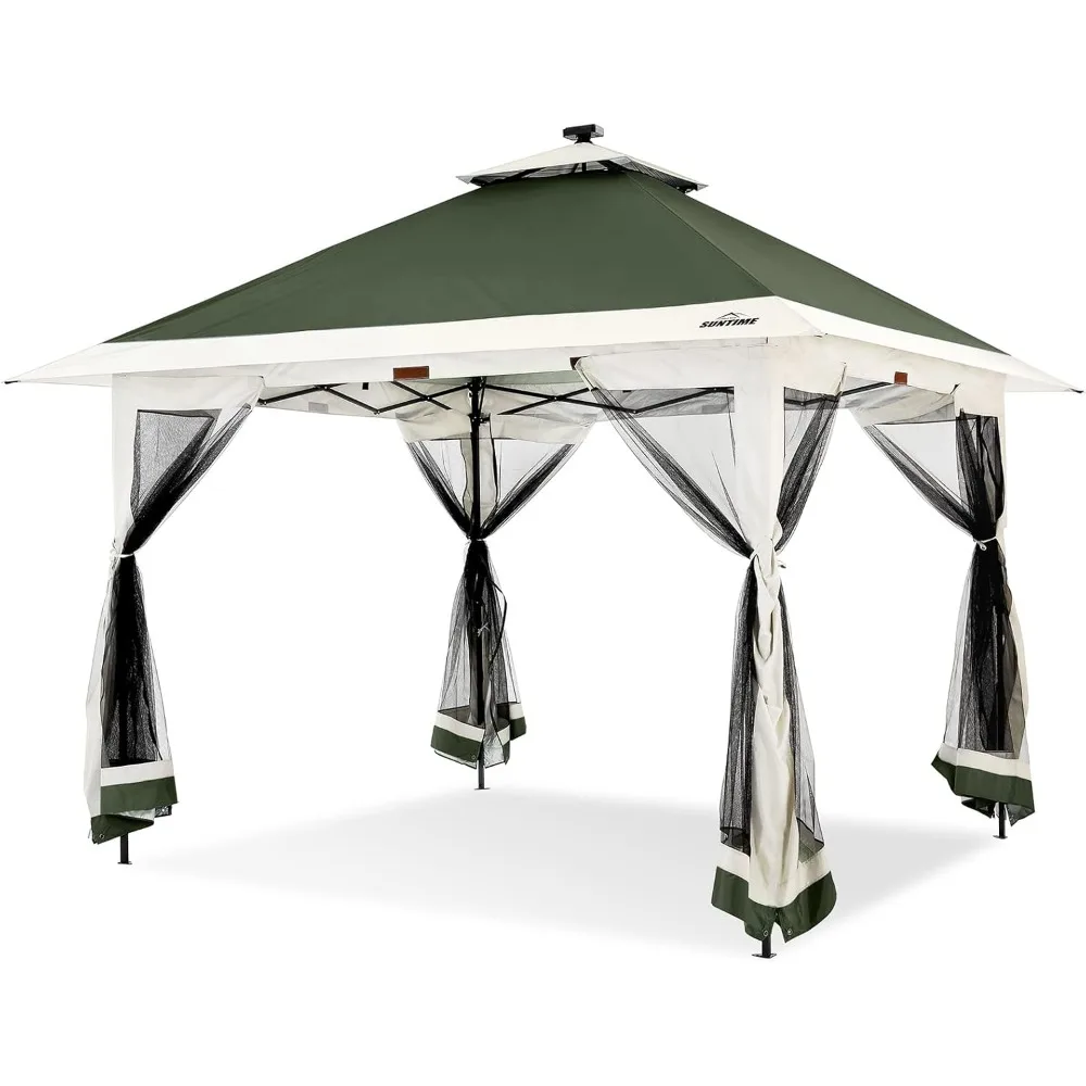 12 x 12 Instant Pop Up Gazebo Polyester Canopy Tent Shelter with Solar LED Lights, 4 Zippered Screens, and Powder Coated Steel