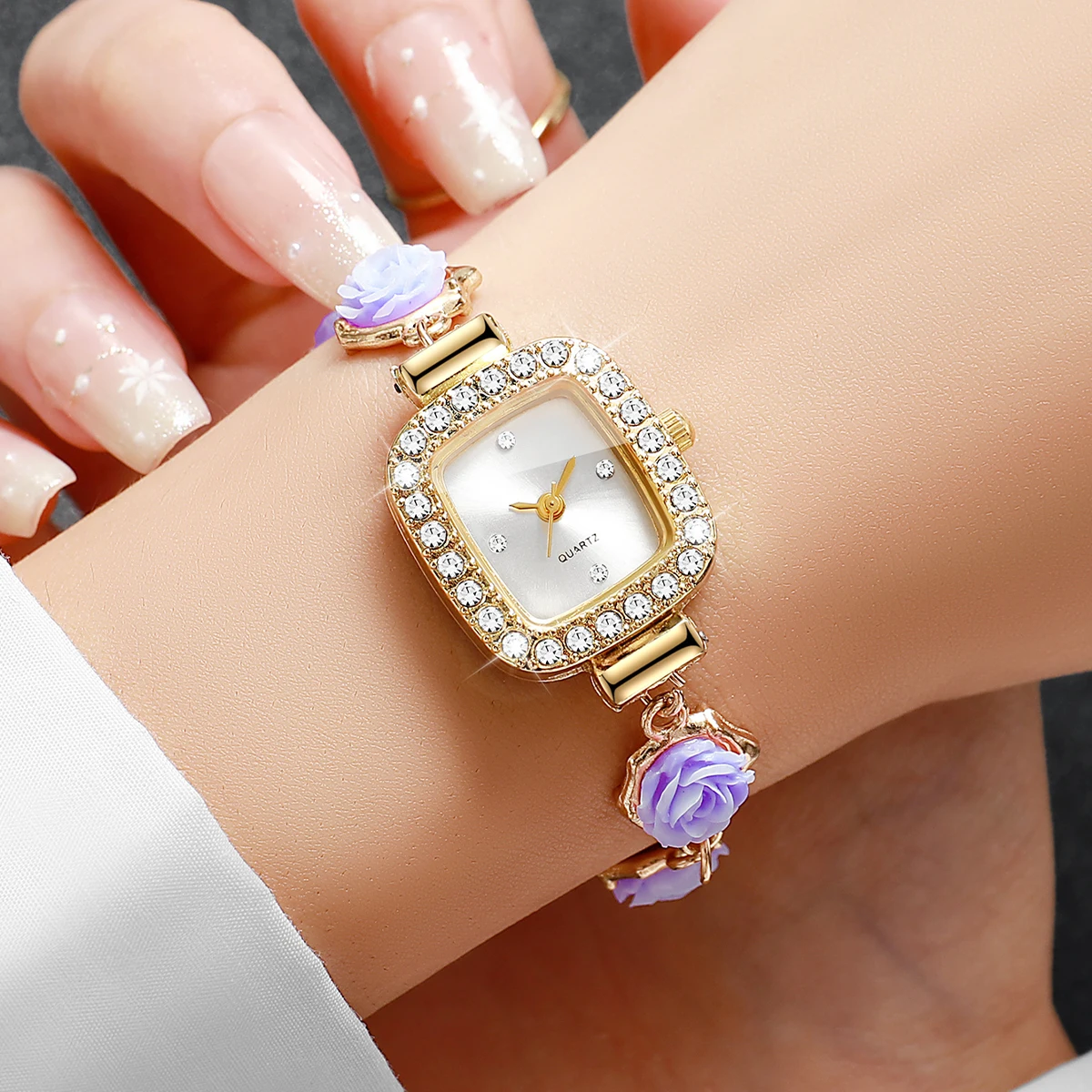 Elegant Purple Flower Bracelet Strap Women Quartz Watch Ladies Square Rhinestone Wristwatches Relogio Feminino（Without Box）