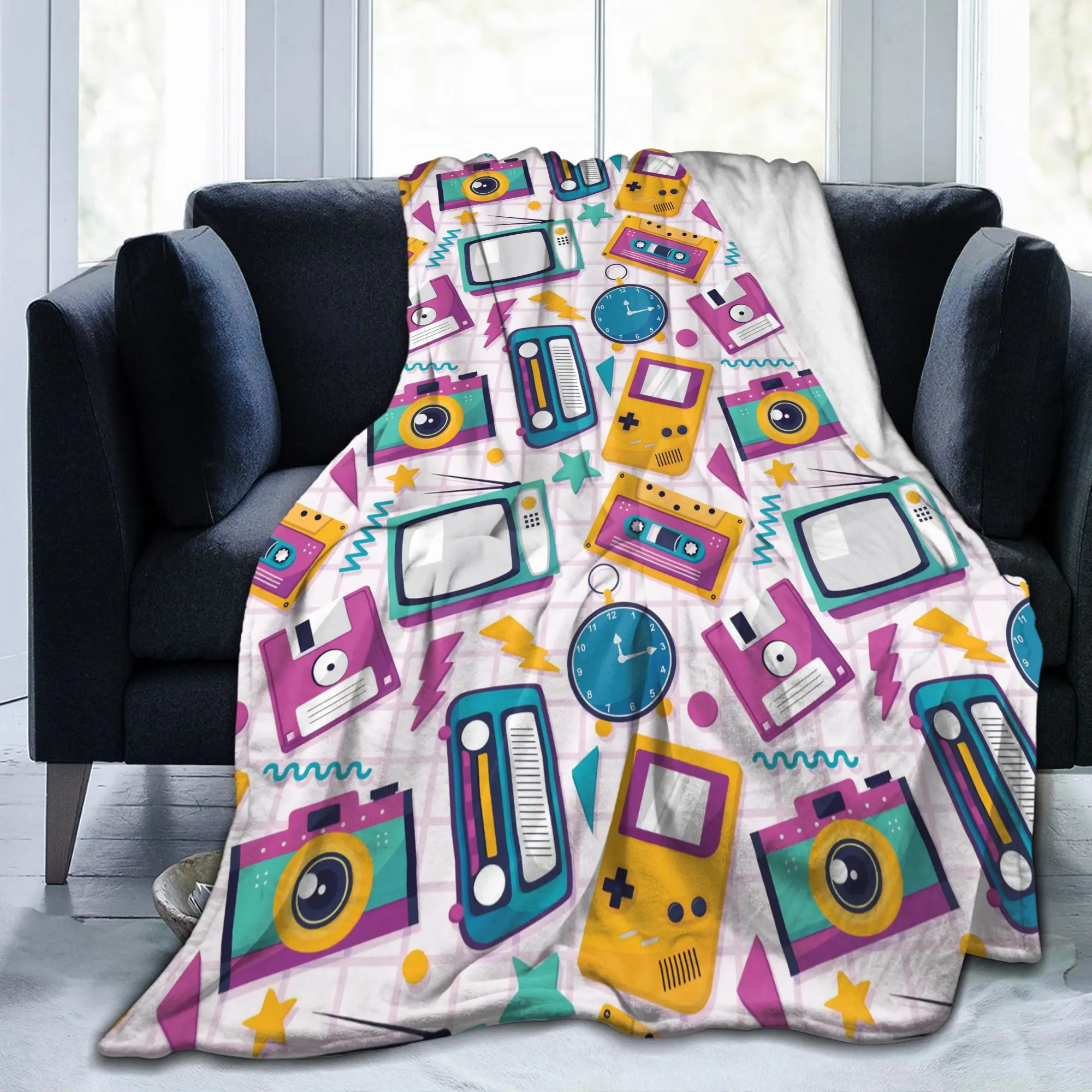80s 90s Retro Cassette Tape Boombox Fuzzy Blankets Music Fashion Bedding Throw Blanket for Sofa Soft Gift Portable