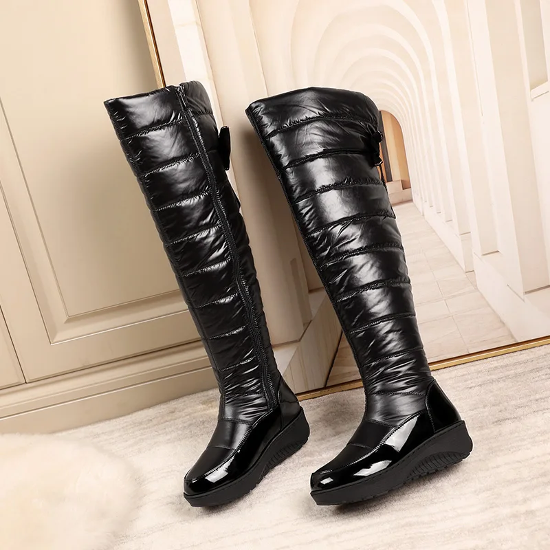 Lasyarrow Winter Warm Over the Knee Snow Boots Women Thick Cotton Padded Down Waterproof Shoes Bow Patchwork Wedge Long Boot