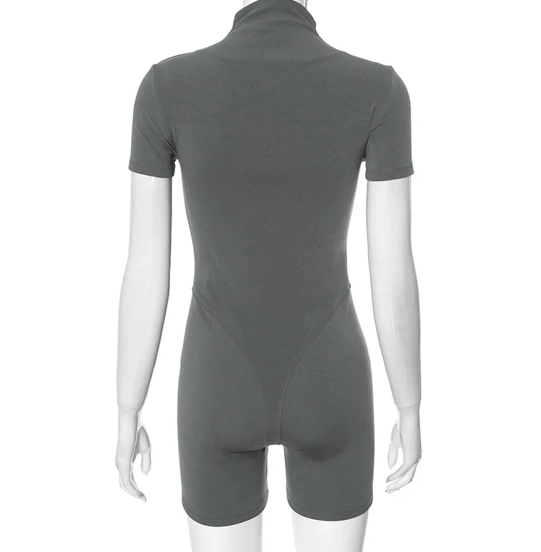 Primavera verão nova cor sólida meia-alta pescoço apertado sexy zíper mangas curtas playsuits hottie meninas desportivo rua