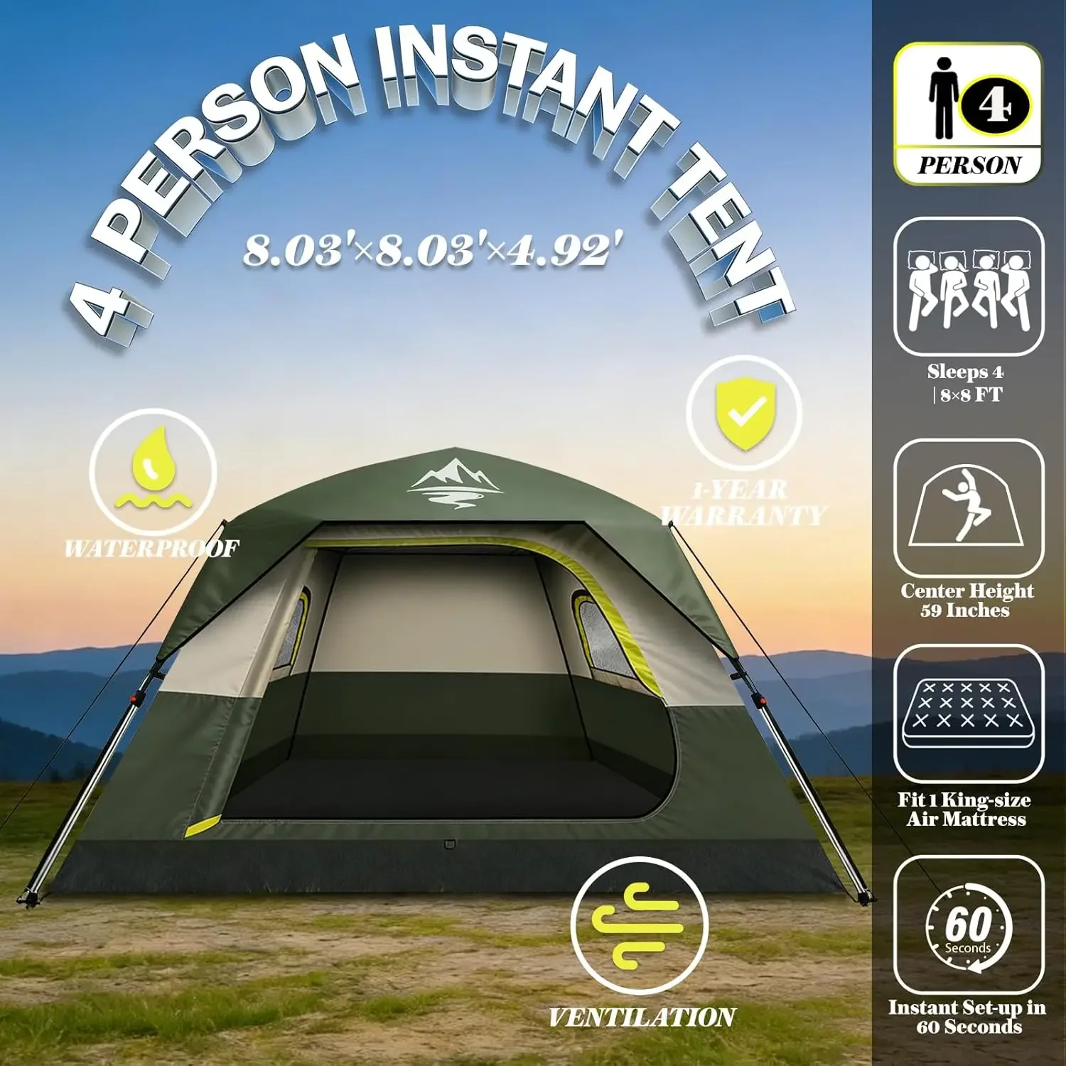 Camping Tent 2/3/4 Person Instant Pop Up Tents for Camping - 40s Automatic Easy Setup Tent with