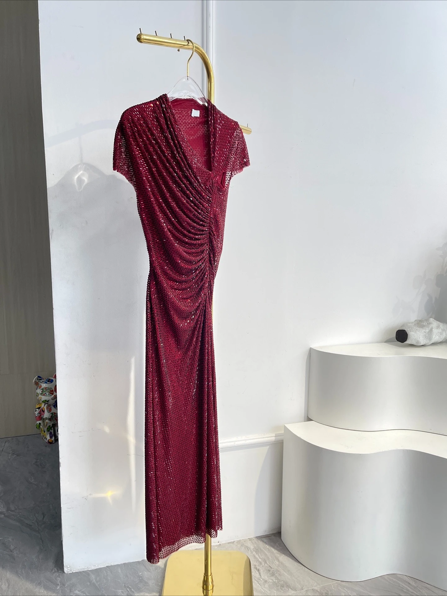 

Burgundy Red Grid Rhinestone Asymmetrical Neckline Ruched Bodice Fitted Cocktail Midi Dress Evening Gown
