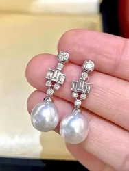 MJ Pearl Earrings Fine Jewelry 925 Sterling Silver Round 10-11mm Nature Fresh Water White Pearls Drop Dangle Earrings Present