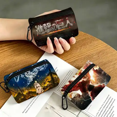 Cool A-Attack On Titan Anmie Multifunctional Oxford Cloth Small Pouch With Hook Mini Coin Wallet Earbud Storage Bag
