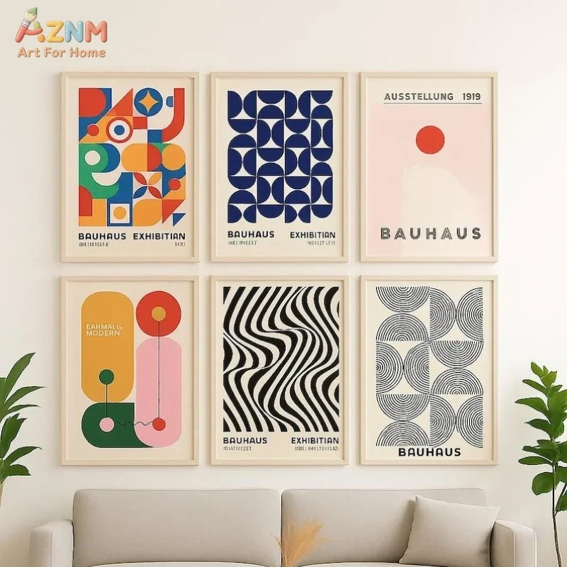 AZNM Bauhaus Abstract Geometric Canvas Wall Art Mid Century Modern Colorful Shapes Exhibition Print Home Decor Unframed Canvas P