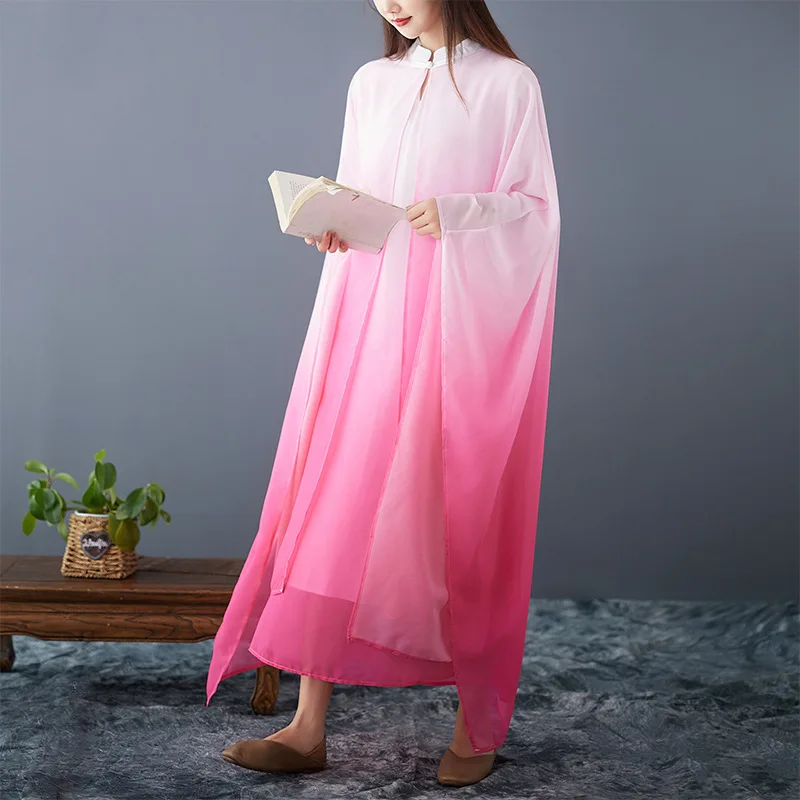 New Stand-up Collar Chinese Style Dress Gradually Change Color Zen Tea Clothes Meditation Layman Performance Clothes