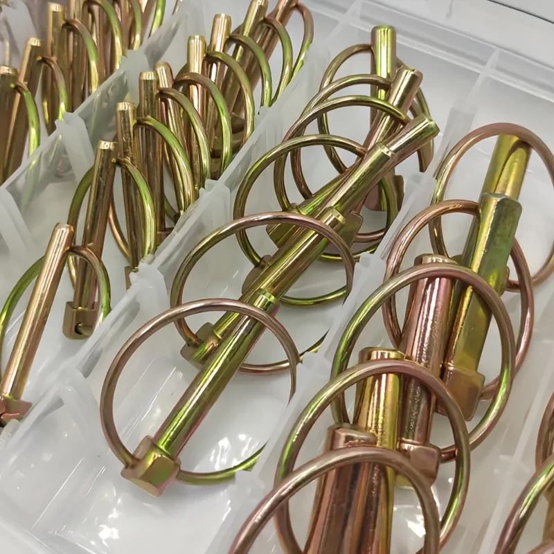 Anti-theft spring pins for agricultural vehicles, suspension pins, tractor pins, open-end safety pins, and O-ring locking pins.