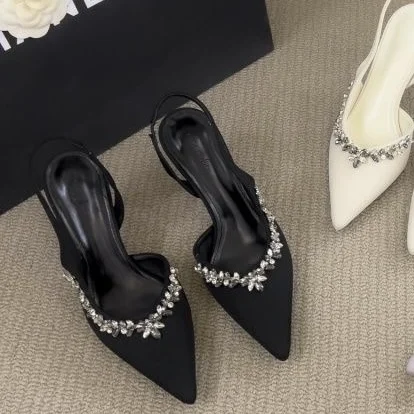 Elevated Slimming Single Shoes Diamond Encrusted Fairylike Sandals Korean Style Low Cut Slipon Summer Heels for Women