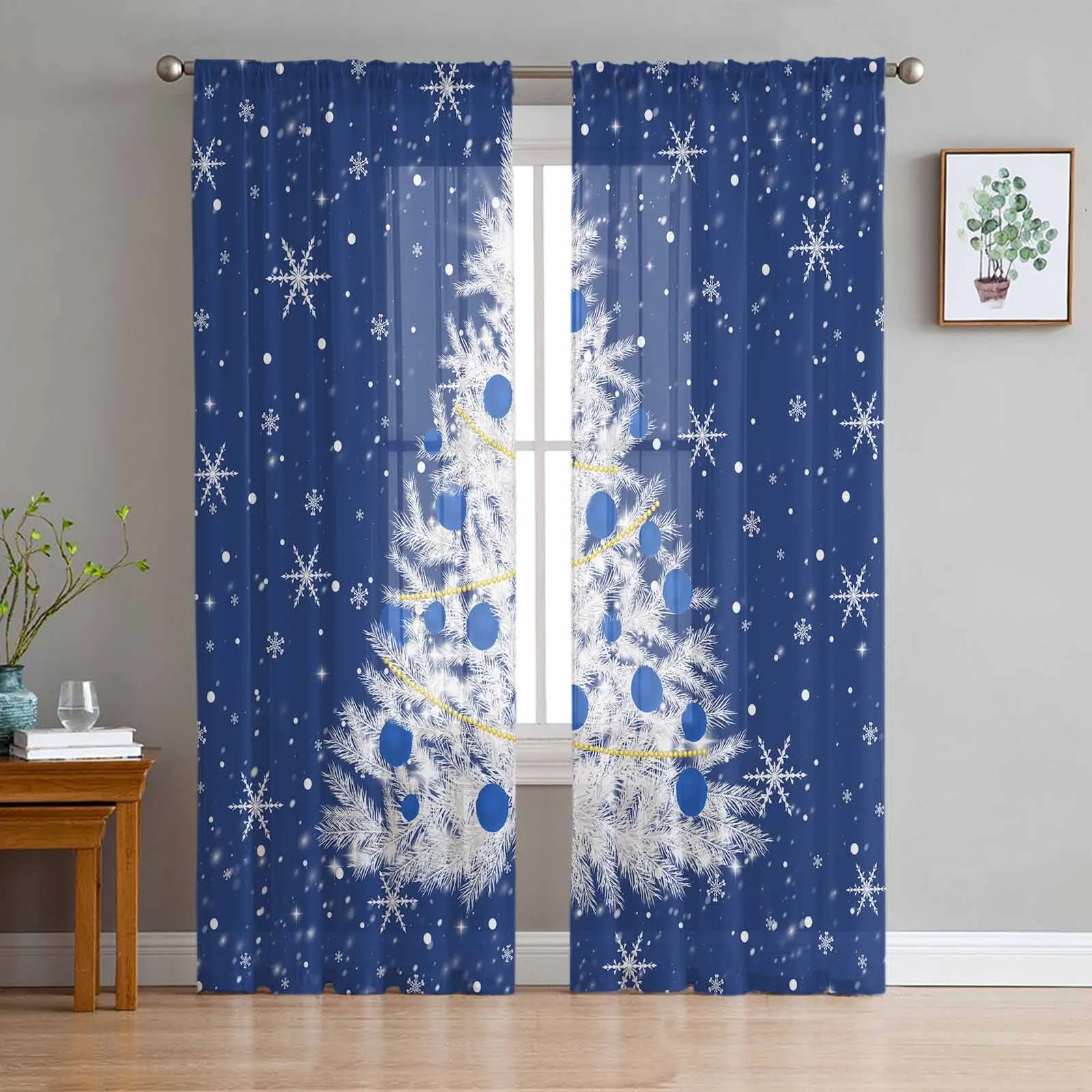 

Christmas Winter Blue Trees Snowflakes Tulle Curtains for Living Room Bedroom Sheer Voile Drapes Modern Printed Curtains