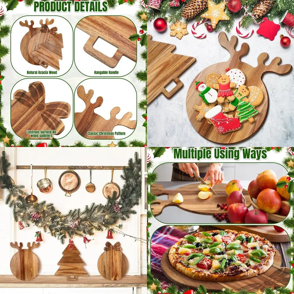 

Large Acacia Wood Christmas Charcuterie Board with Antler Wreath Handle, Perfect for Serving Pizza, Bread, Cheese, Fruit, and Ho