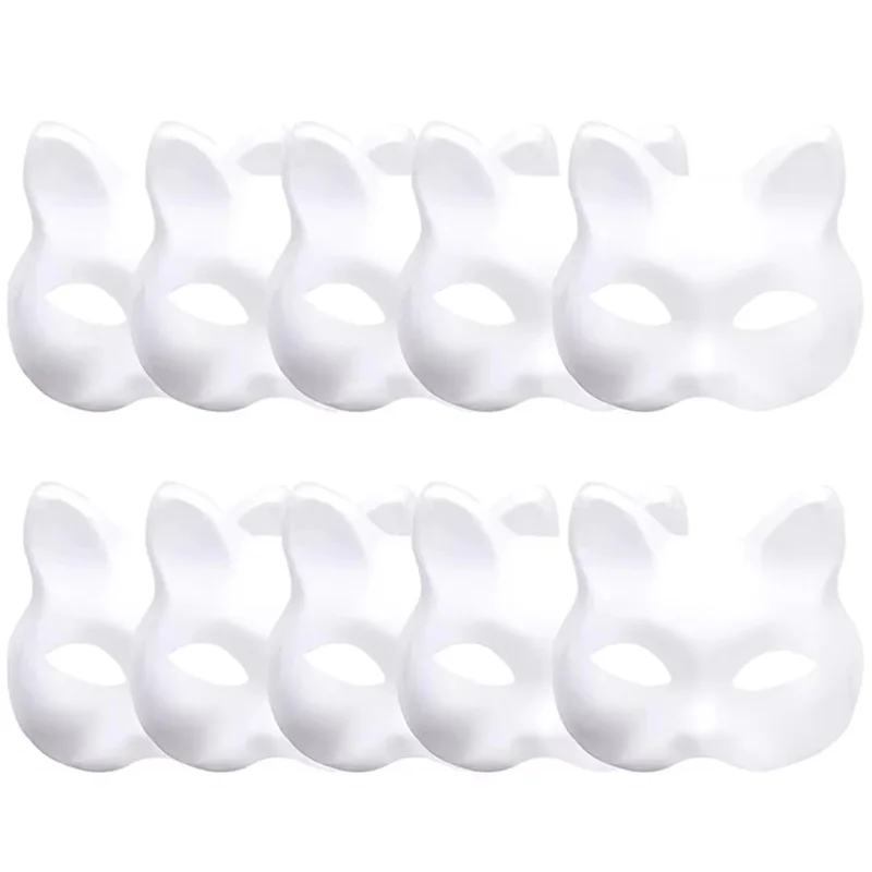 ABJI-Halloween-Maske, 10 Stück, Therian-Masken, weiße Katzenmasken, blanko, DIY-Tier-halbe Gesichtsmasken, Maskerade, Cosplay, Party