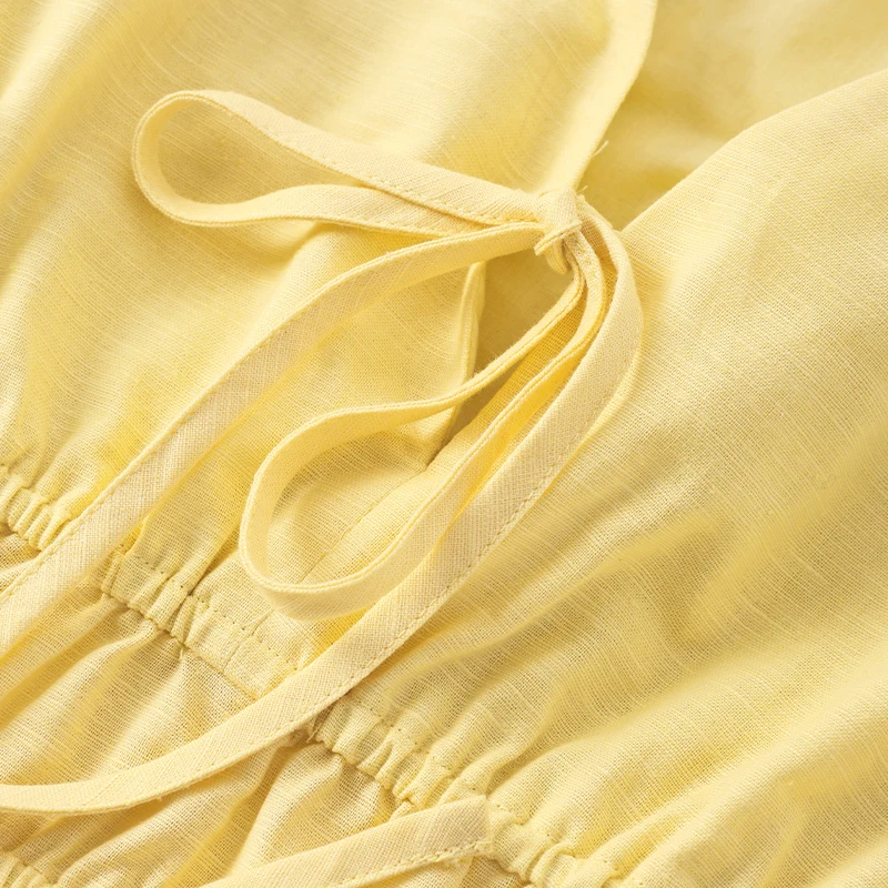 レディース タイ コットンリネン フロントカフタンワンピース 春新作 フレア ロングスリーブ ゴムウエスト ゆったりフィット バケーションワンピース