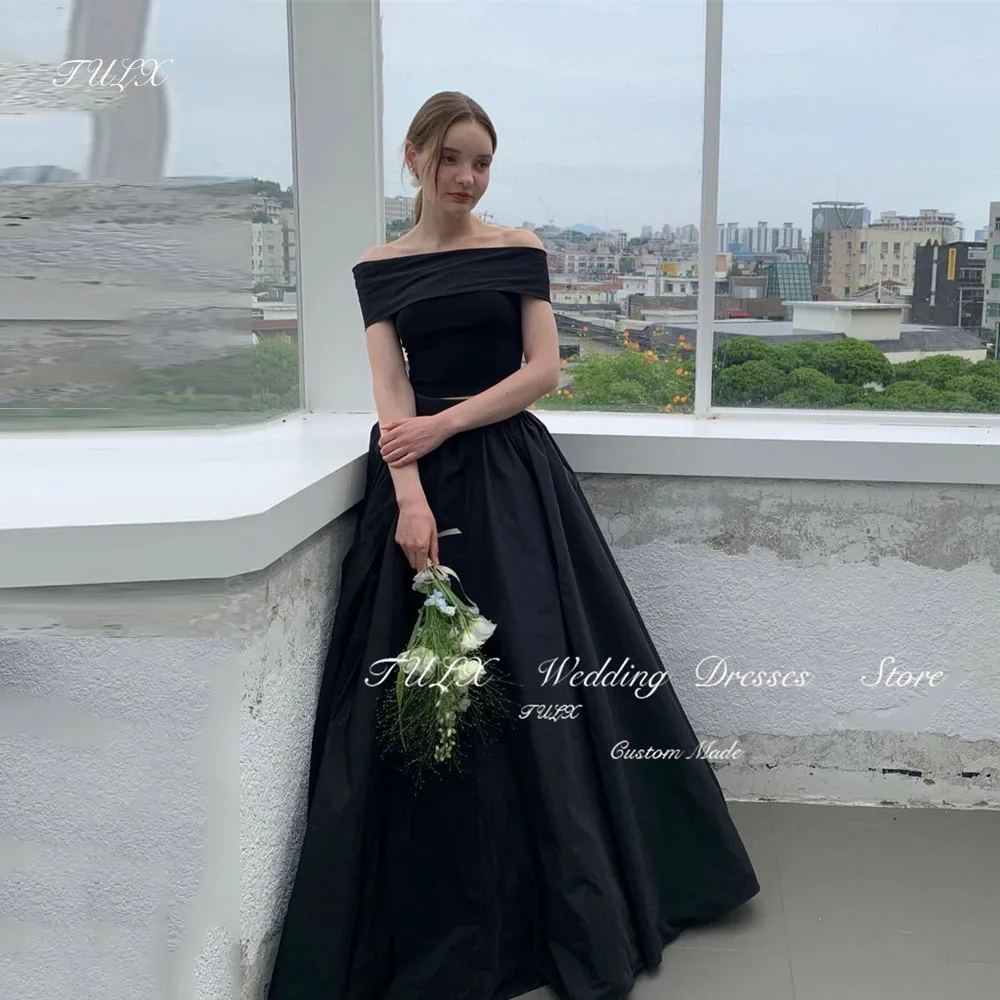 

TULX Simple Taffeta Black Strapless Wedding Dress Photoshoot Detachable Shawl Floor-Length Bridal Gowns Corset 2025 Custom Made